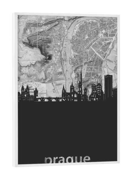 Poster mit weißem Rahmen "Prague skyline map grey" artboxONE - Städte,Reise,Architektur,Städte / Prag,Kartografie