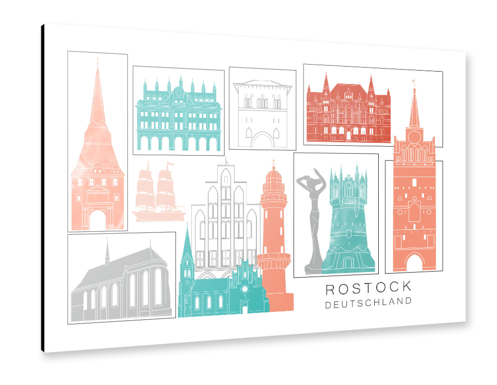Alu-Dibond "Rostock skyline coral" 75x50 cm artboxONE