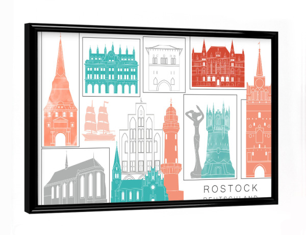 Poster mit schwarzem Rahmen "Rostock skyline coral" artboxONE - Städte,Reise,Architektur,Kartografie