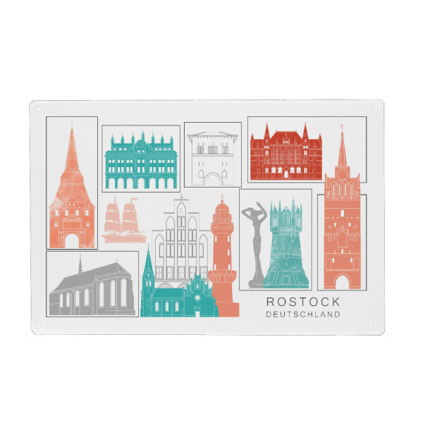 Holzbild "Rostock skyline coral" artboxONE - Städte,Reise,Architektur,Kartografie