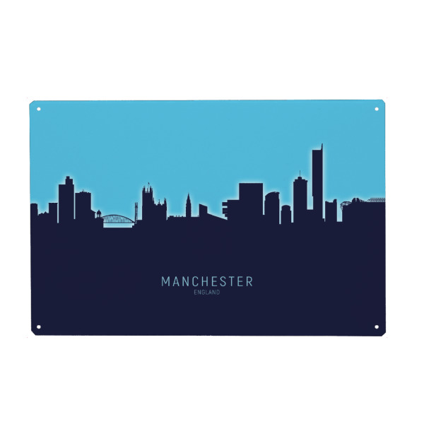 Metall Poster "Manchester Skyline Glow Blue" artboxONE - Städte
