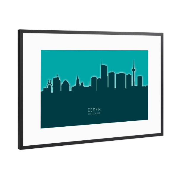 Poster mit Rahmen Schwarz (Metallic) "Essen Germany Skyline Glow Teal" artboxONE - Städte