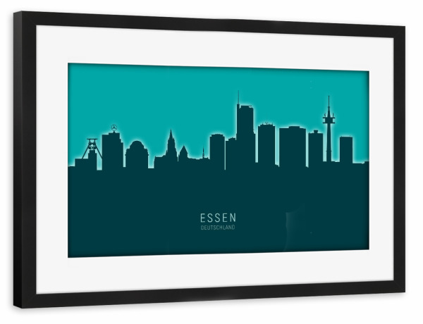 Poster mit Rahmen schwarz "Essen Germany Skyline Glow Teal" artboxONE - Städte