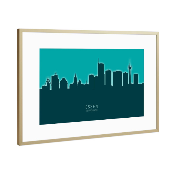 Poster mit Rahmen Gold "Essen Germany Skyline Glow Teal" artboxONE - Städte