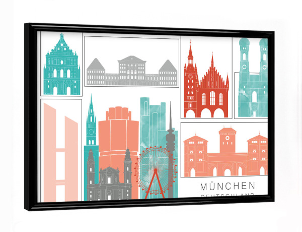 Poster mit schwarzem Rahmen "Munich skyline, coral" artboxONE - Städte,Städte / München,Reise,Architektur,Kartografie