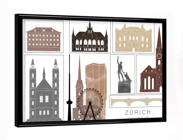 Poster mit schwarzem Rahmen "Zurich skyline black & brown" artboxONE - Städte,Reise,Architektur,Städte / Zürich,Kartografie