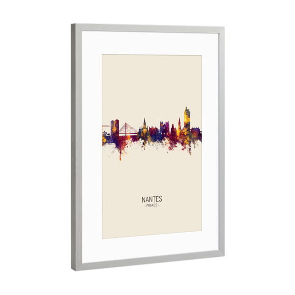 Poster mit Rahmen Silber "Nantes France Skyline Beige" artboxONE - Städte