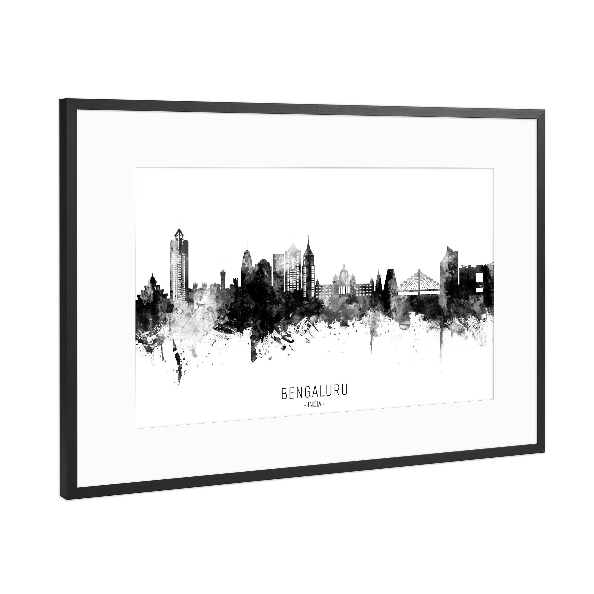 Poster mit Rahmen Schwarz (Metallic) "Bengaluru Skyline BW Text" artboxONE - Städte