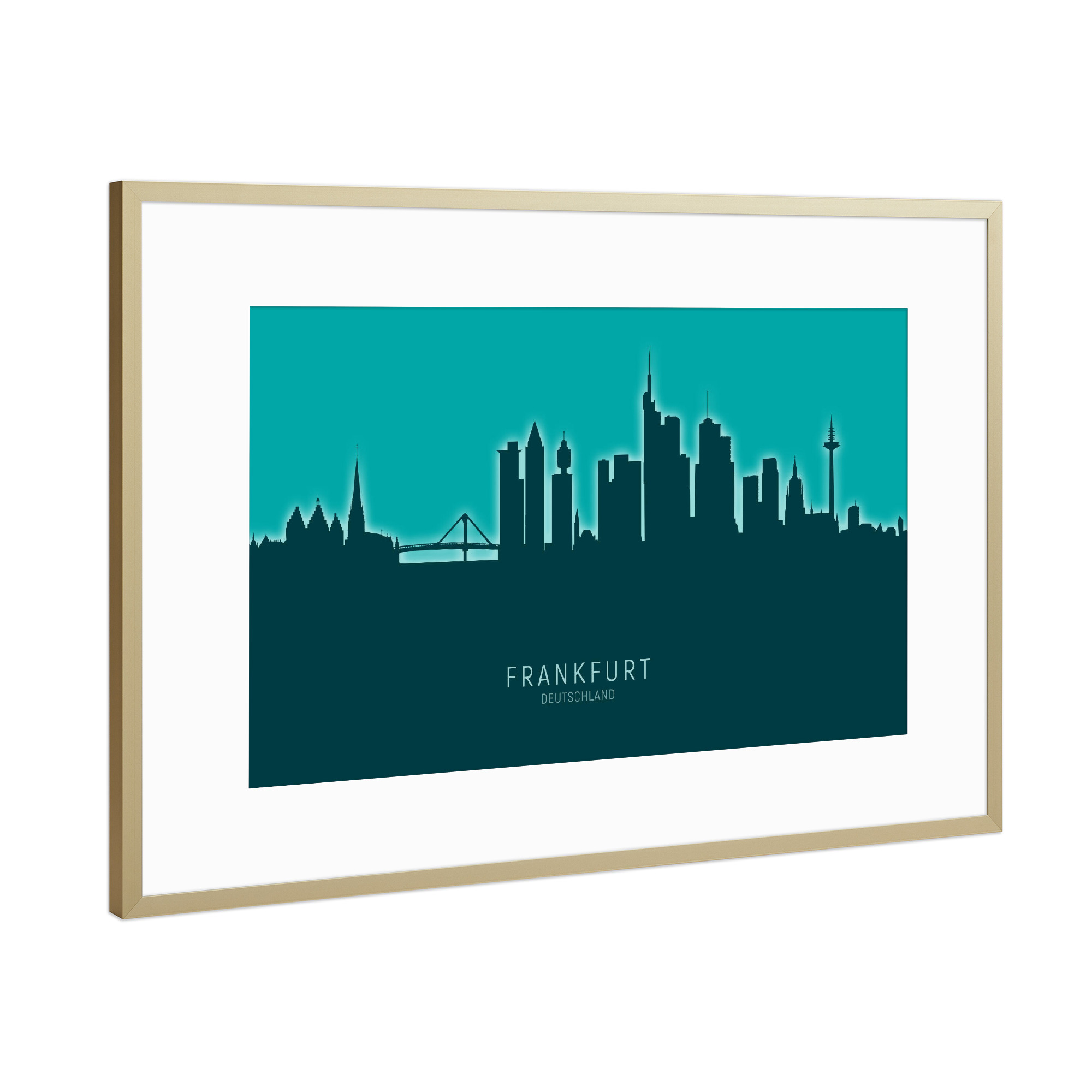 Poster mit Rahmen Gold "Frankfurt Skyline Glow Teal" artboxONE - Städte,Städte / Frankfurt