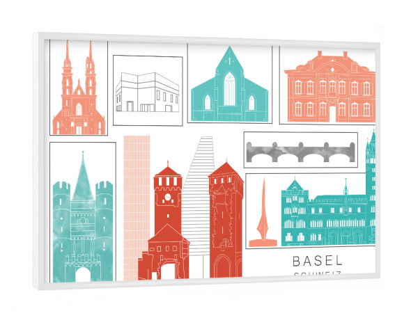 Poster mit weißem Rahmen "Basel skyline coral" artboxONE - Städte,Reise,Architektur,Kartografie