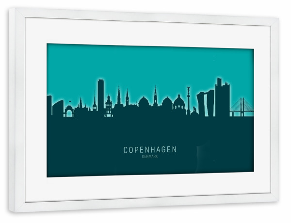 Poster mit Rahmen weiß "Copenhagen Skyline Glow Teal" artboxONE - Städte,Städte / København