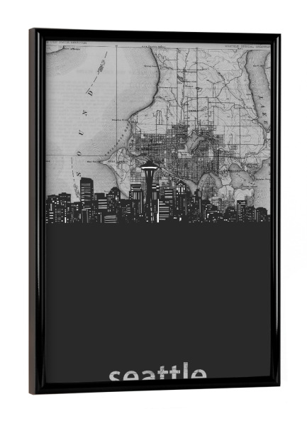 Poster mit schwarzem Rahmen "Seattle skyline map grey" artboxONE - Städte,Reise,Architektur,Kartografie
