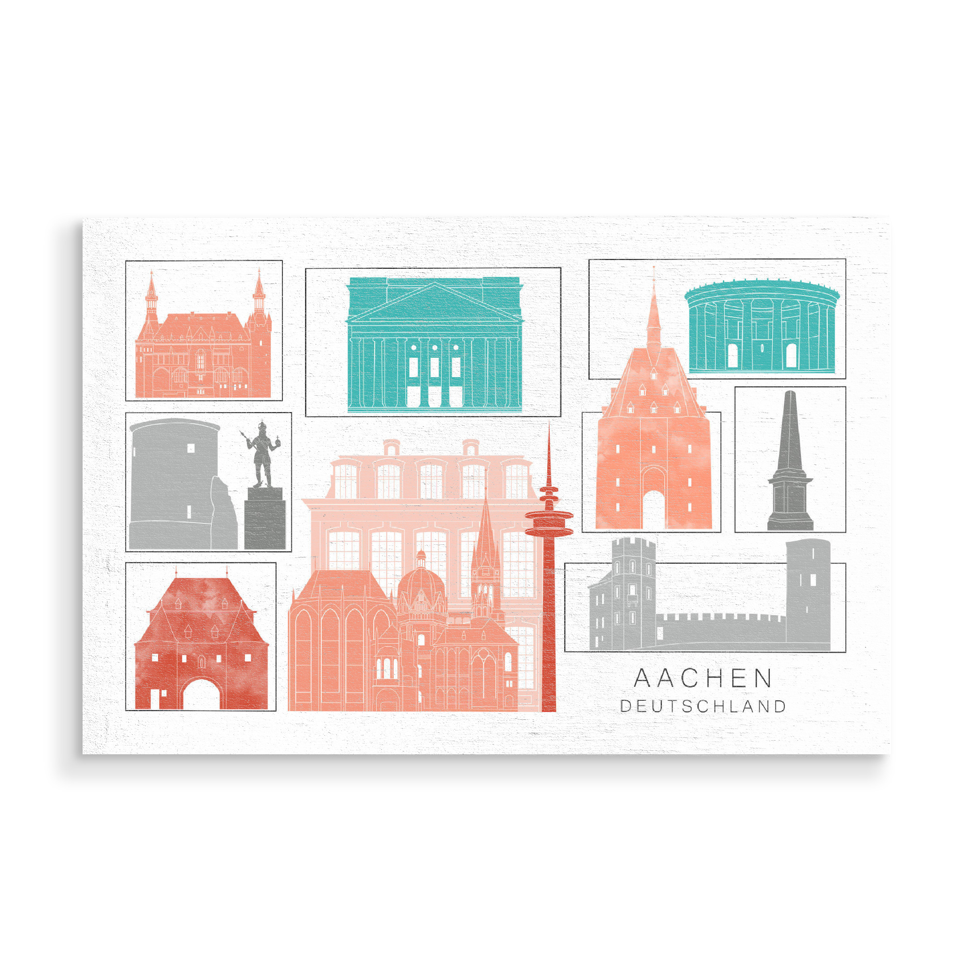 Holzbild "Aachen skyline coral" artboxONE - Städte,Reise,Architektur,Kartografie