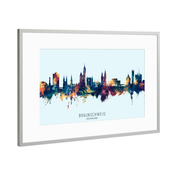 Poster mit Rahmen Silber "Braunschweig Skyline BlueOrange" artboxONE - Städte
