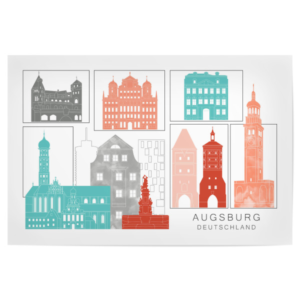 Poster 30x20 cm "Augsburg skyline coral" artboxONE - Städte,Reise,Architektur,Kartografie