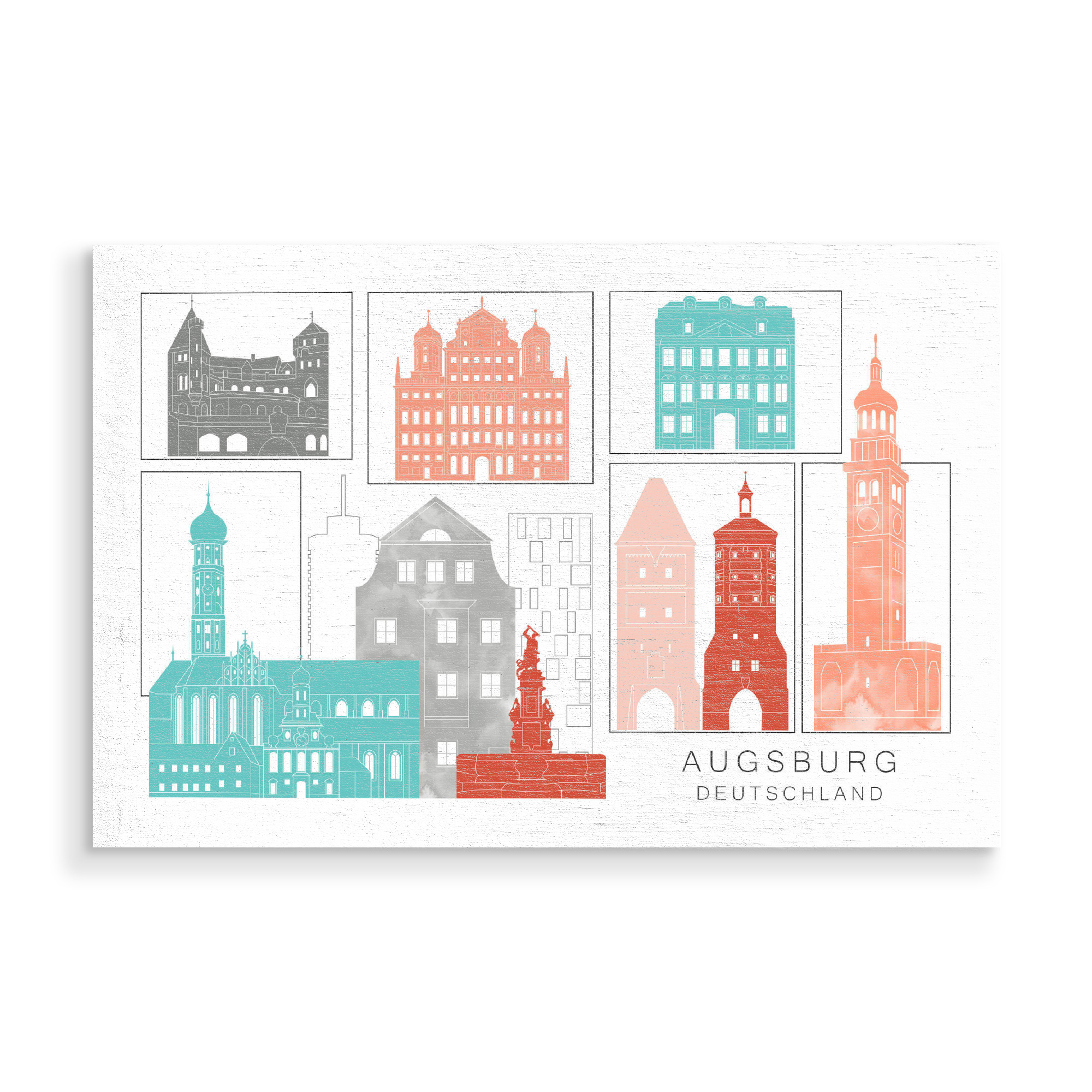 Holzbild "Augsburg skyline coral" artboxONE - Städte,Reise,Architektur,Kartografie
