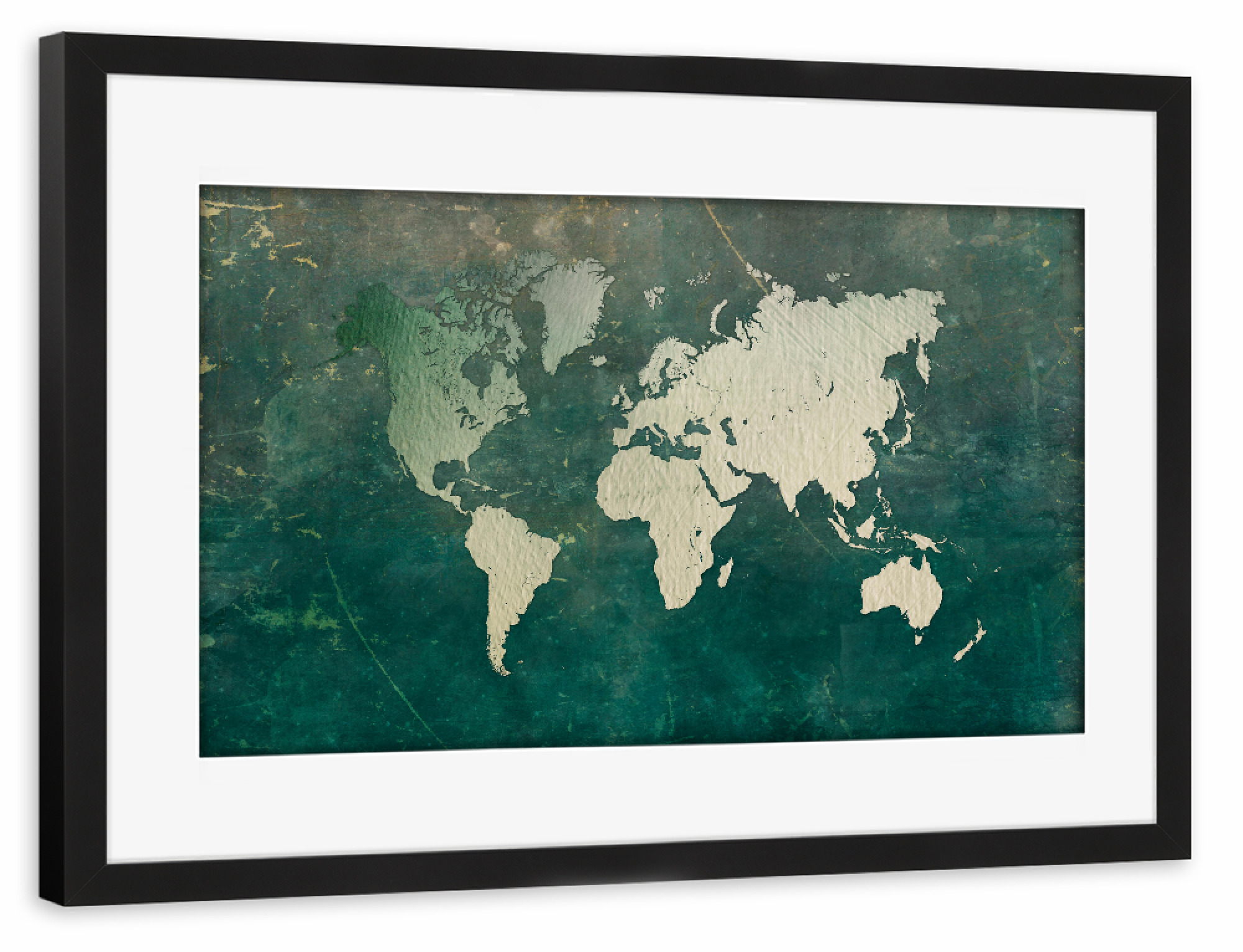 Poster mit Rahmen schwarz "World map green white" artboxONE - Reise,Kartografie