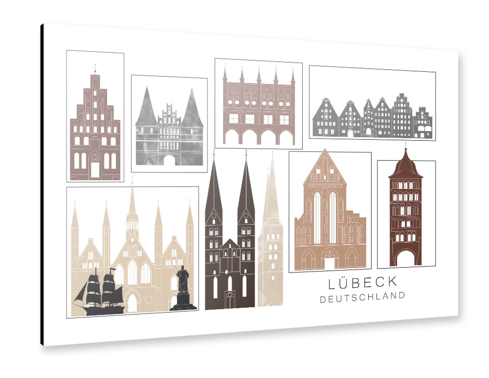 Alu-Dibond "Lubeck skyline black & brown" 75x50 cm artboxONE