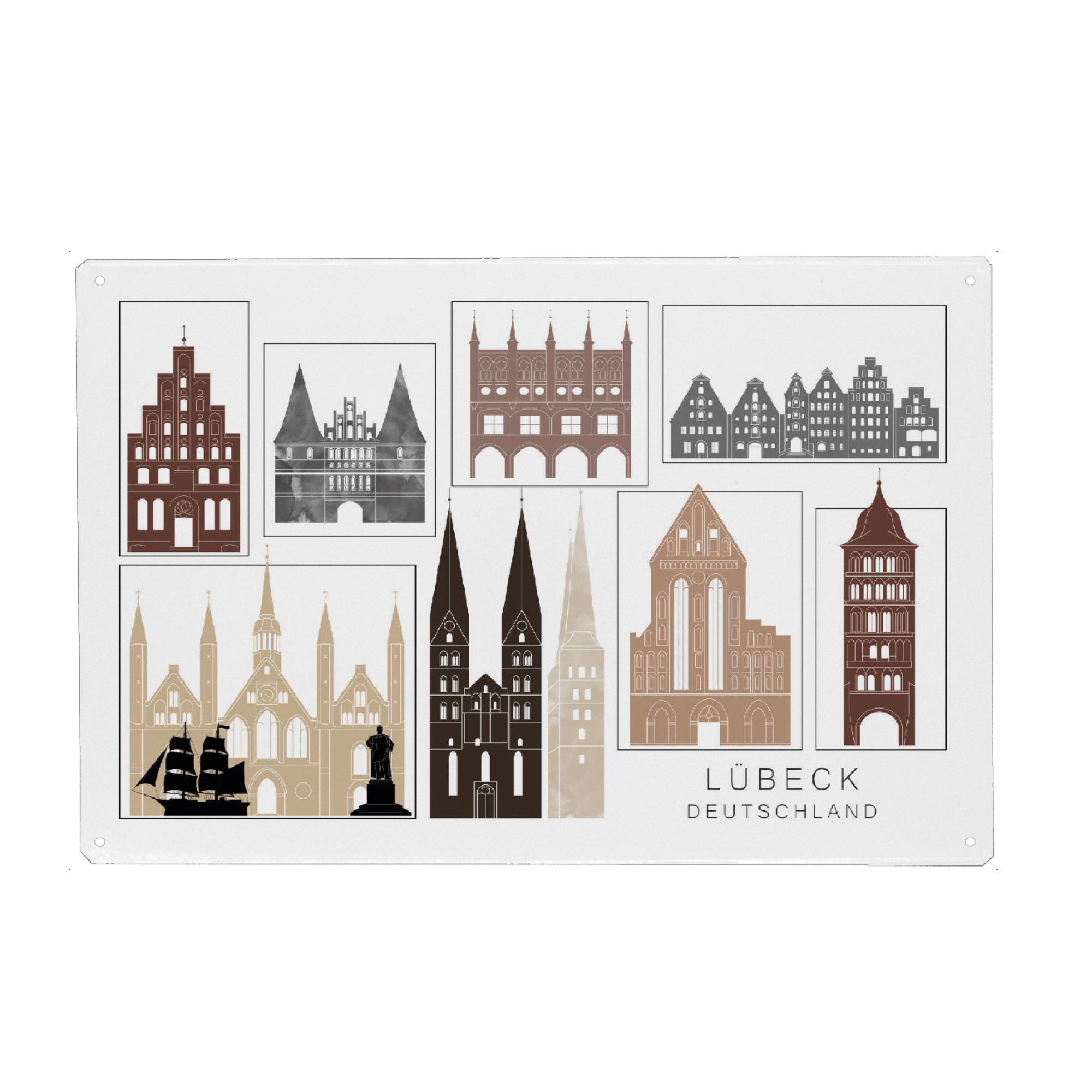 Holzbild "Lubeck skyline black & brown" artboxONE - Städte,Reise,Architektur,Kartografie