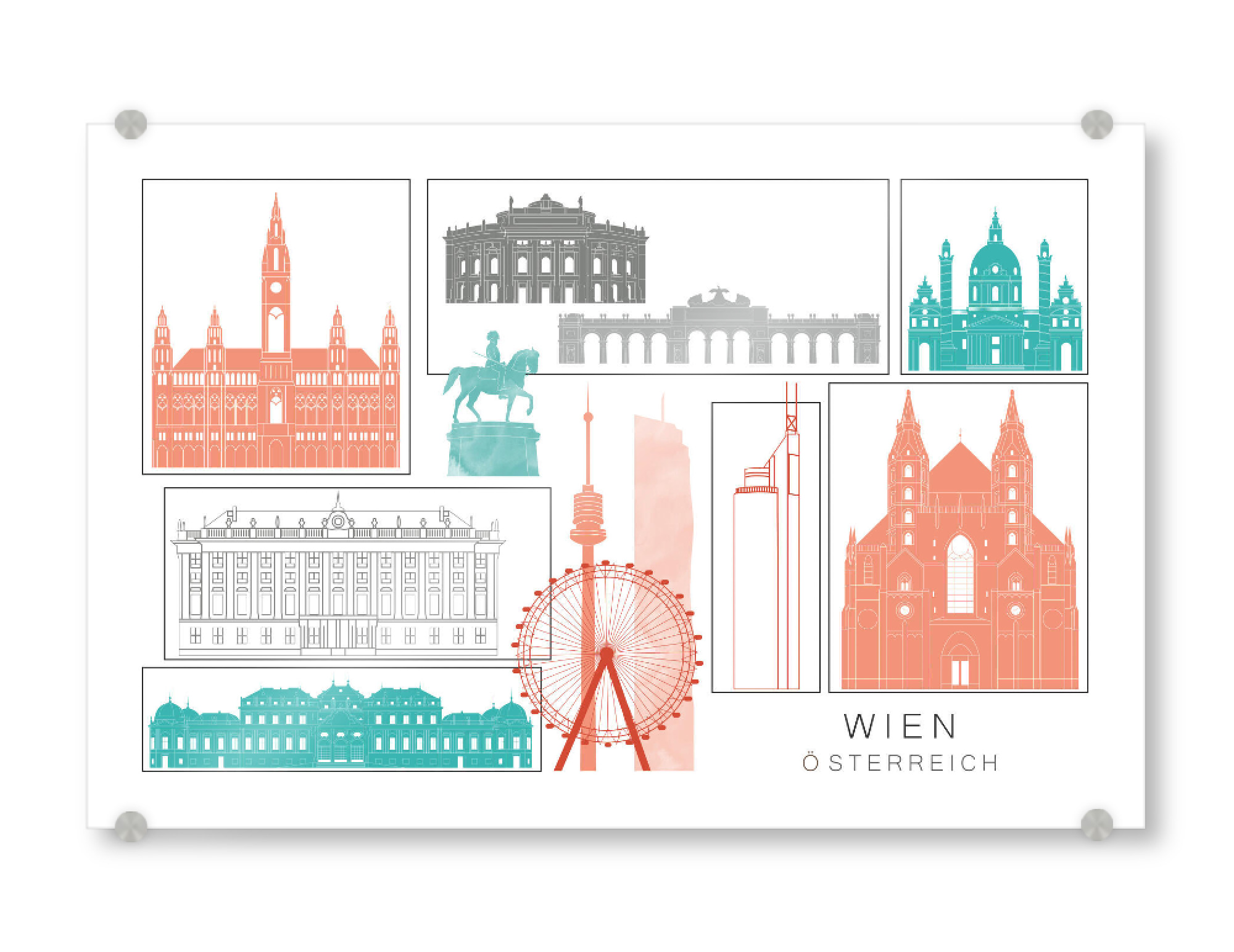 Acrylglasbild "Vienna skyline coral" artboxONE - Städte,Reise,Architektur,Städte / Wien,Kartografie