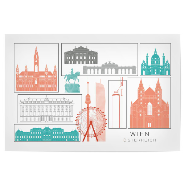 Poster 30x20 cm "Vienna skyline coral" artboxONE - Städte,Reise,Architektur,Städte / Wien,Kartografie