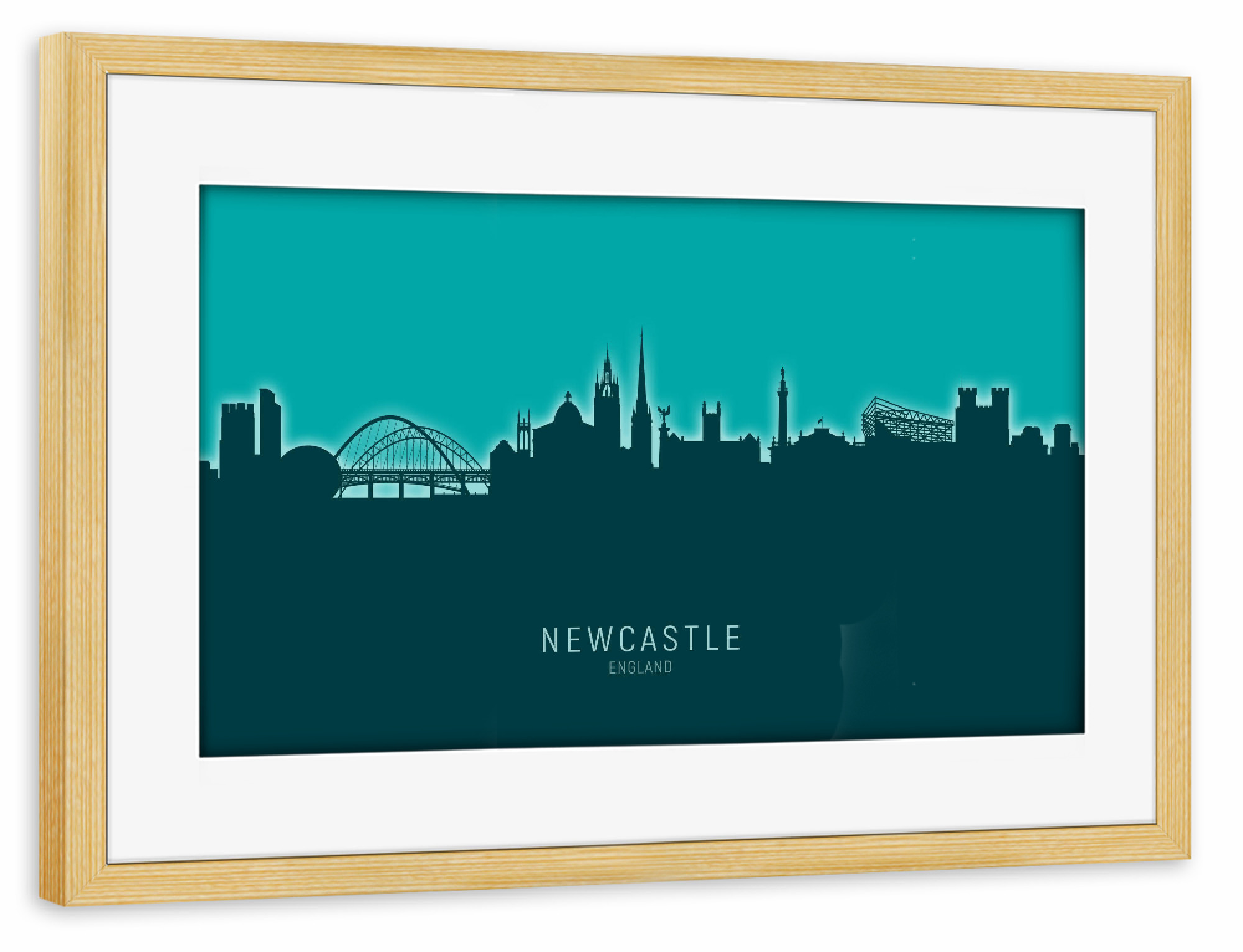 Poster mit Rahmen kiefer "Newcastle Skyline Glow Teal" artboxONE - Städte