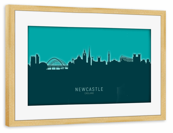 Poster mit Rahmen kiefer "Newcastle Skyline Glow Teal" artboxONE - Städte