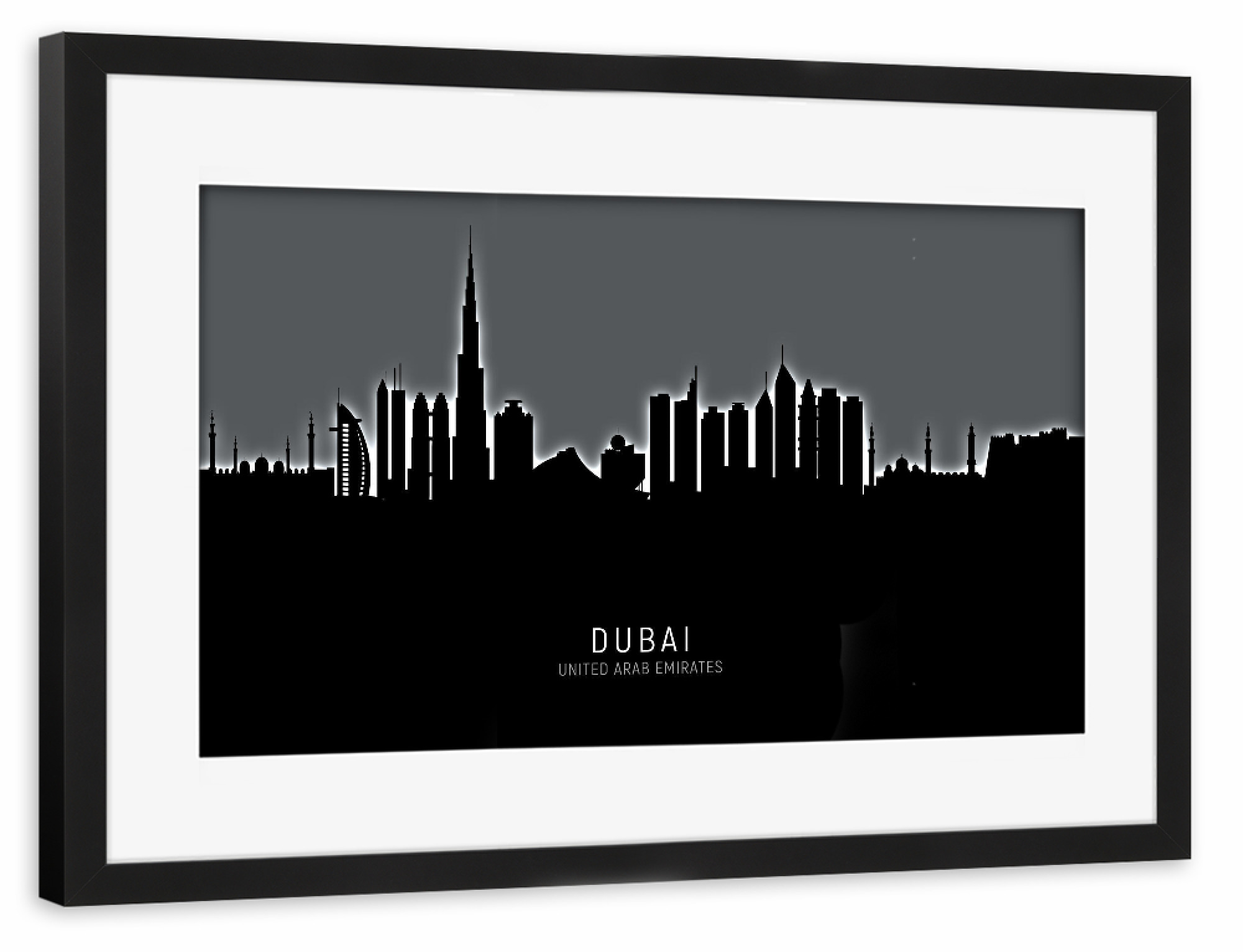 Poster mit Rahmen schwarz "Dubai Skyline Glow White" artboxONE - Städte,Städte / Dubai