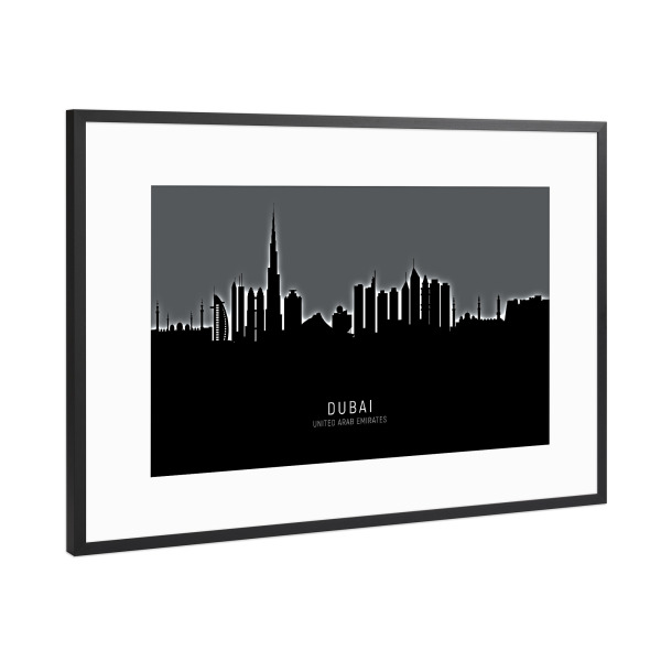 Poster mit Rahmen Schwarz (Metallic) "Dubai Skyline Glow White" artboxONE - Städte,Städte / Dubai