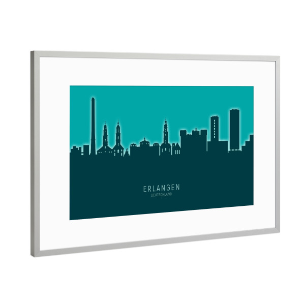 Poster mit Rahmen Silber "Erlangen Germany Skyline Glow Teal" artboxONE - Städte