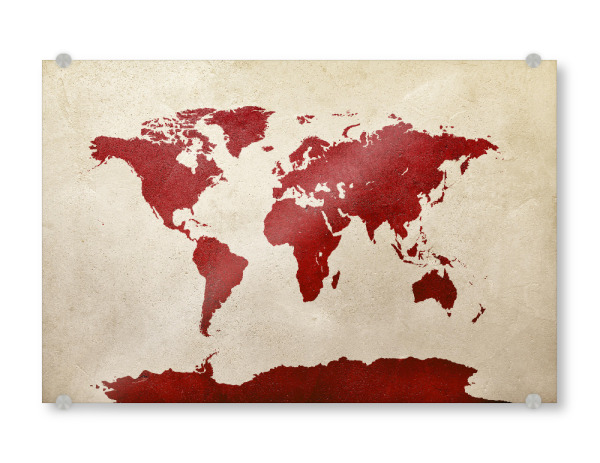 Acrylglasbild "World Map Red Beige" artboxONE - Kartografie - World map,Stadtkarte,Map,Watercolor,Painting,Weltkarte,Karte