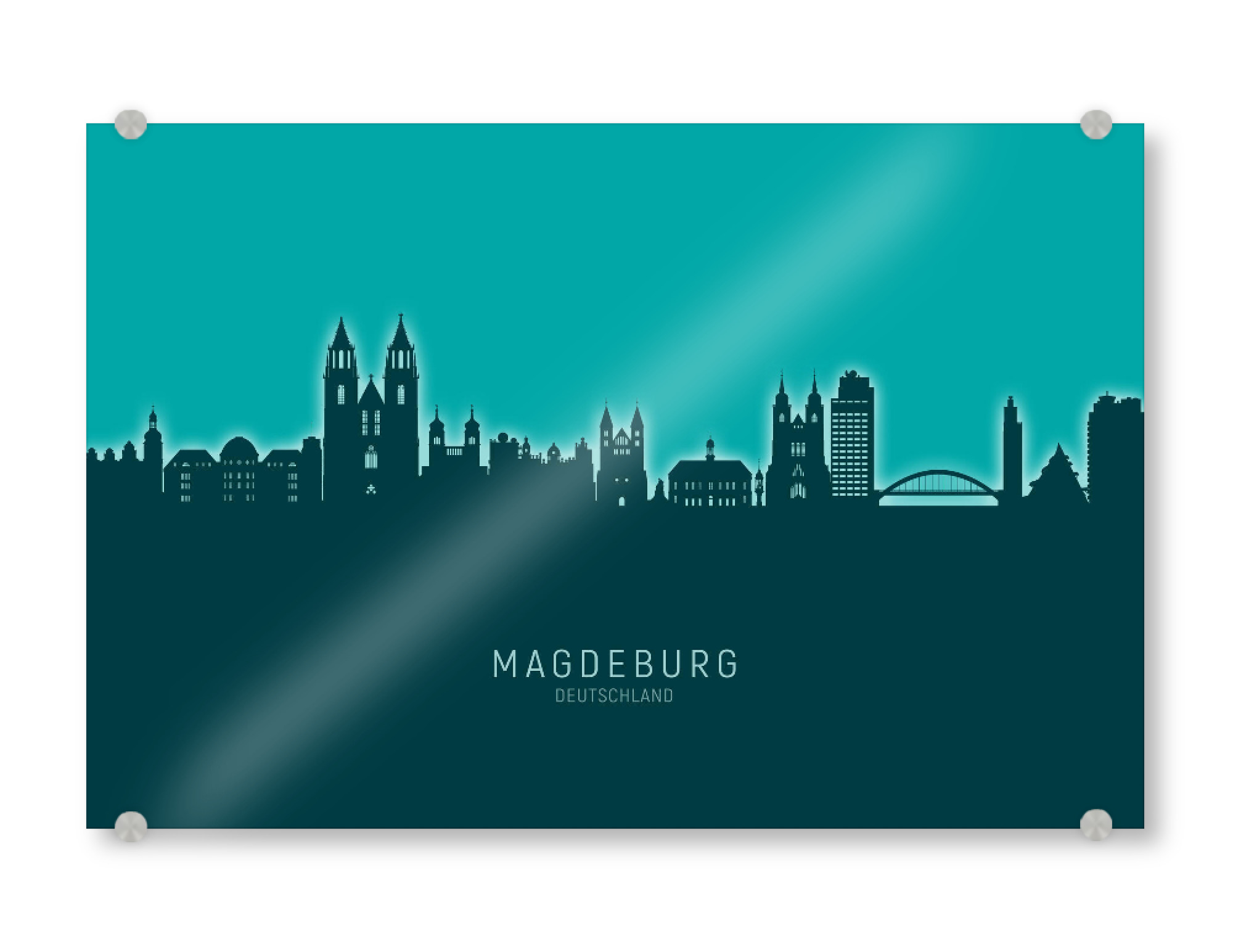 Acrylglasbild "Magdeburg Skyline Glow Teal" artboxONE - Städte