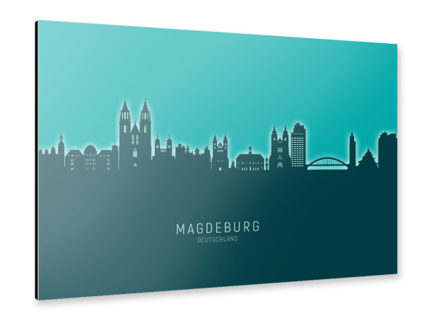Alu-Dibond "Magdeburg Skyline Glow Teal" 30x20 cm artboxONE