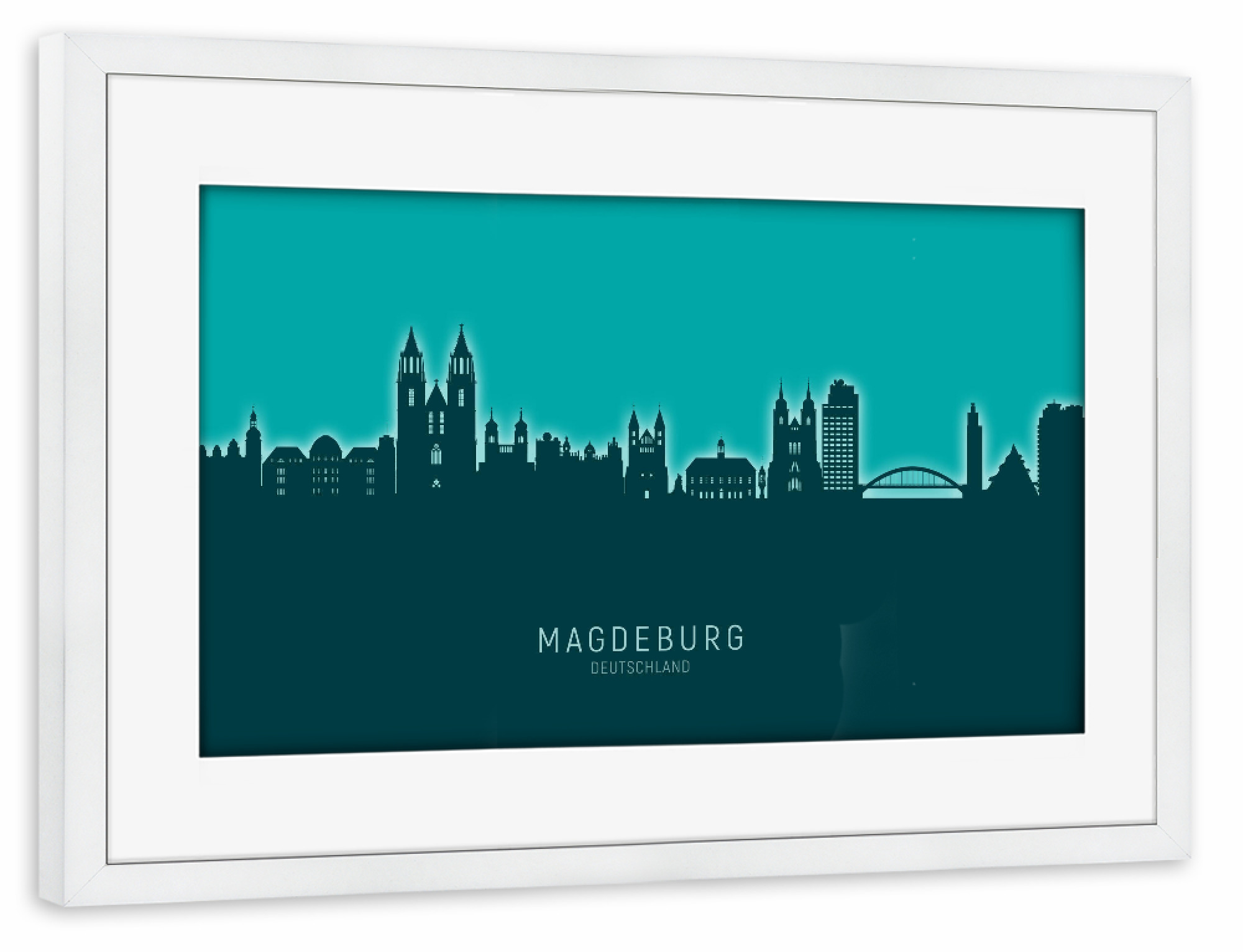 Poster mit Rahmen weiß "Magdeburg Skyline Glow Teal" artboxONE - Städte