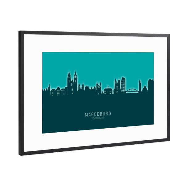 Poster mit Rahmen Schwarz (Metallic) "Magdeburg Skyline Glow Teal" artboxONE - Städte
