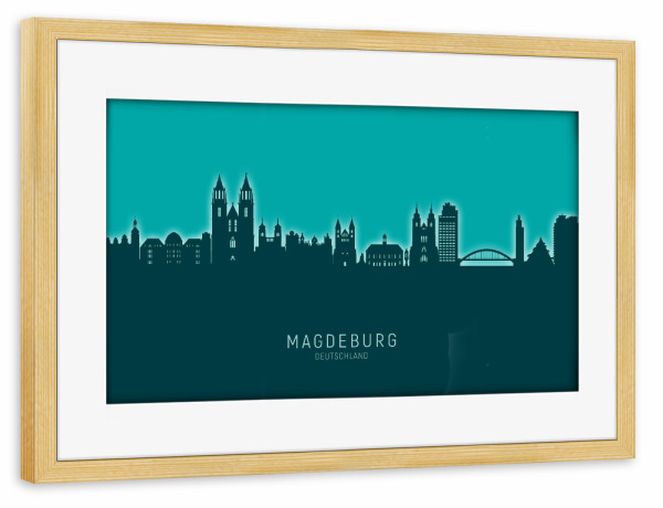 Poster mit Rahmen kiefer "Magdeburg Skyline Glow Teal" artboxONE - Städte