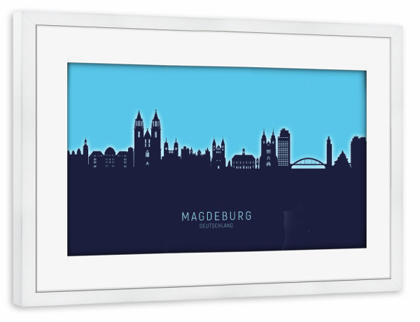 Poster mit Rahmen weiß "Magdeburg Skyline Glow Blue" artboxONE - Städte