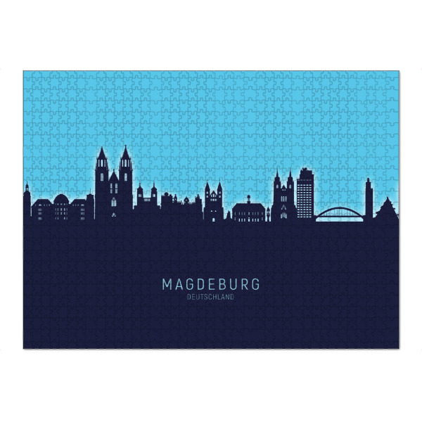 Puzzle Ravensburger "Magdeburg Skyline Glow Blue" artboxONE - Städte