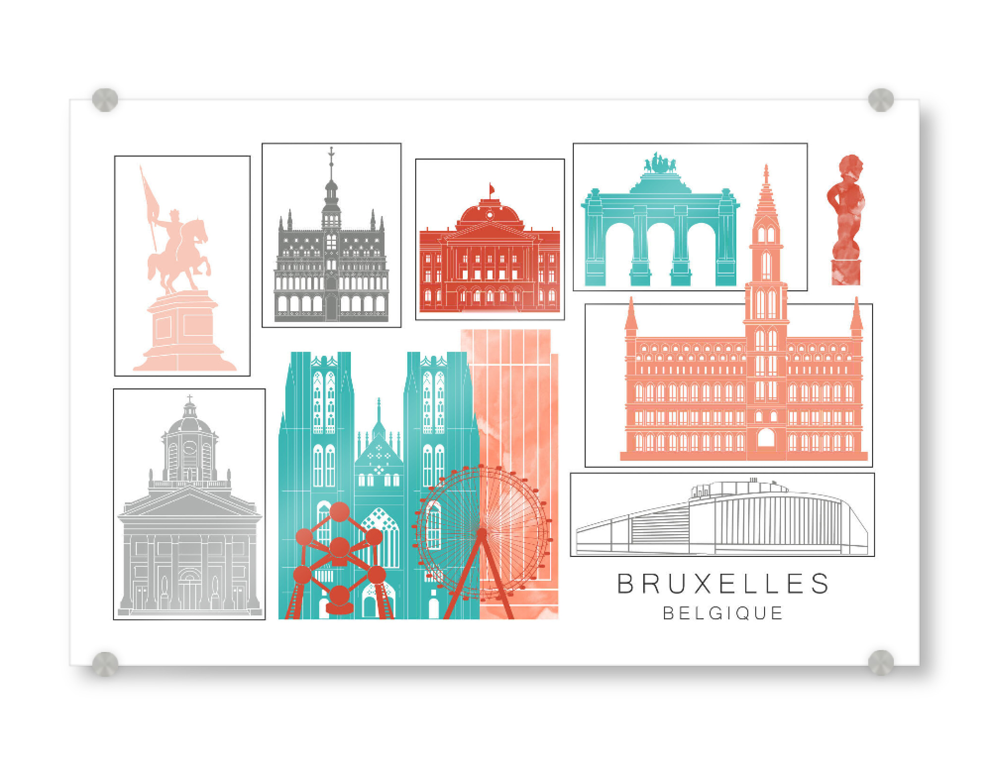 Acrylglasbild "Brussels skyline coral" artboxONE - Städte,Reise,Architektur,Kartografie
