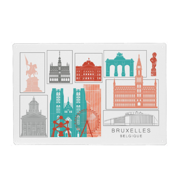 Holzbild "Brussels skyline coral" artboxONE - Städte,Reise,Architektur,Kartografie