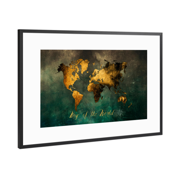 Poster mit Rahmen Schwarz (Metallic) "Map of the world gold and green" artboxONE - Reise,Kartografie