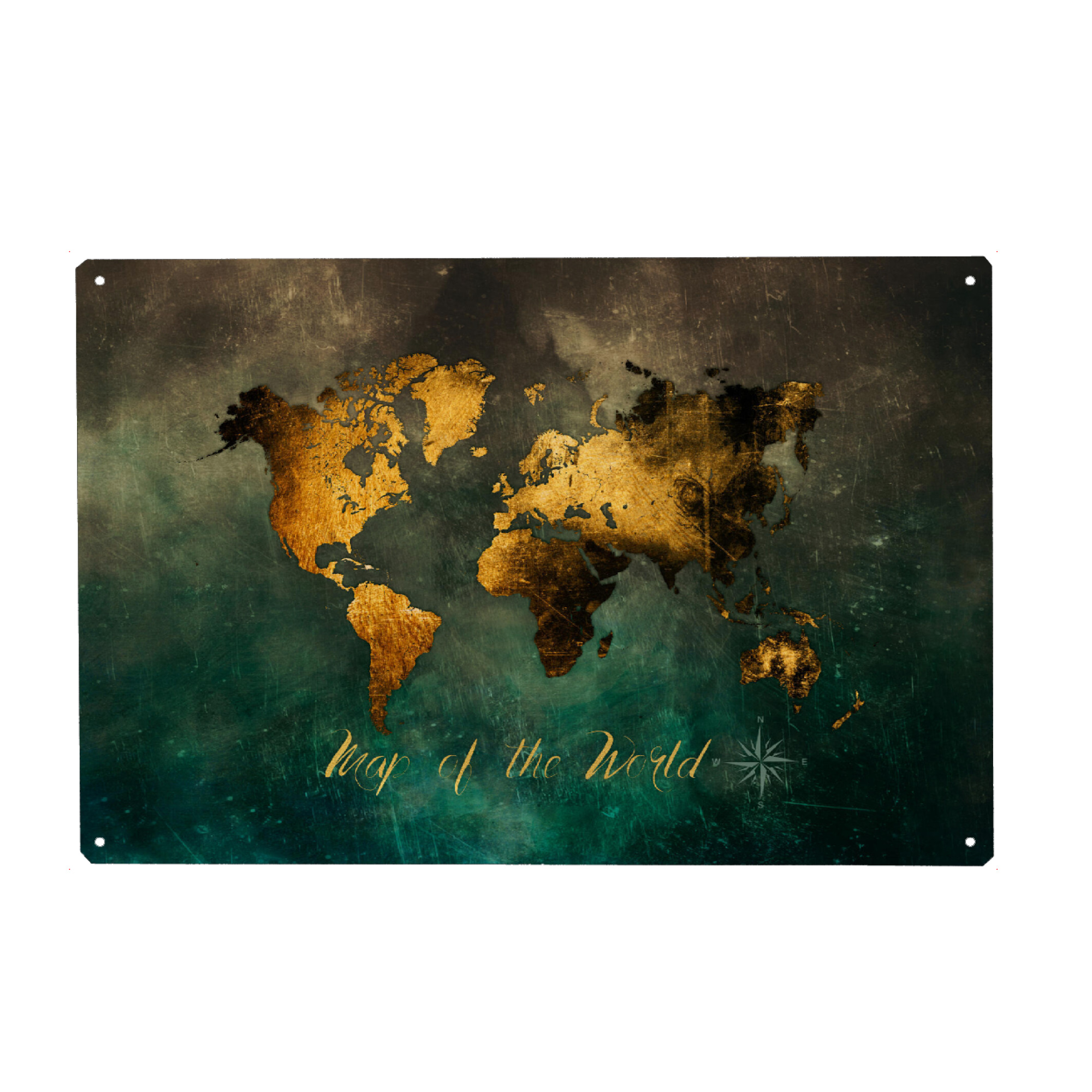Metall Poster "Map of the world gold and green" artboxONE - Reise,Kartografie