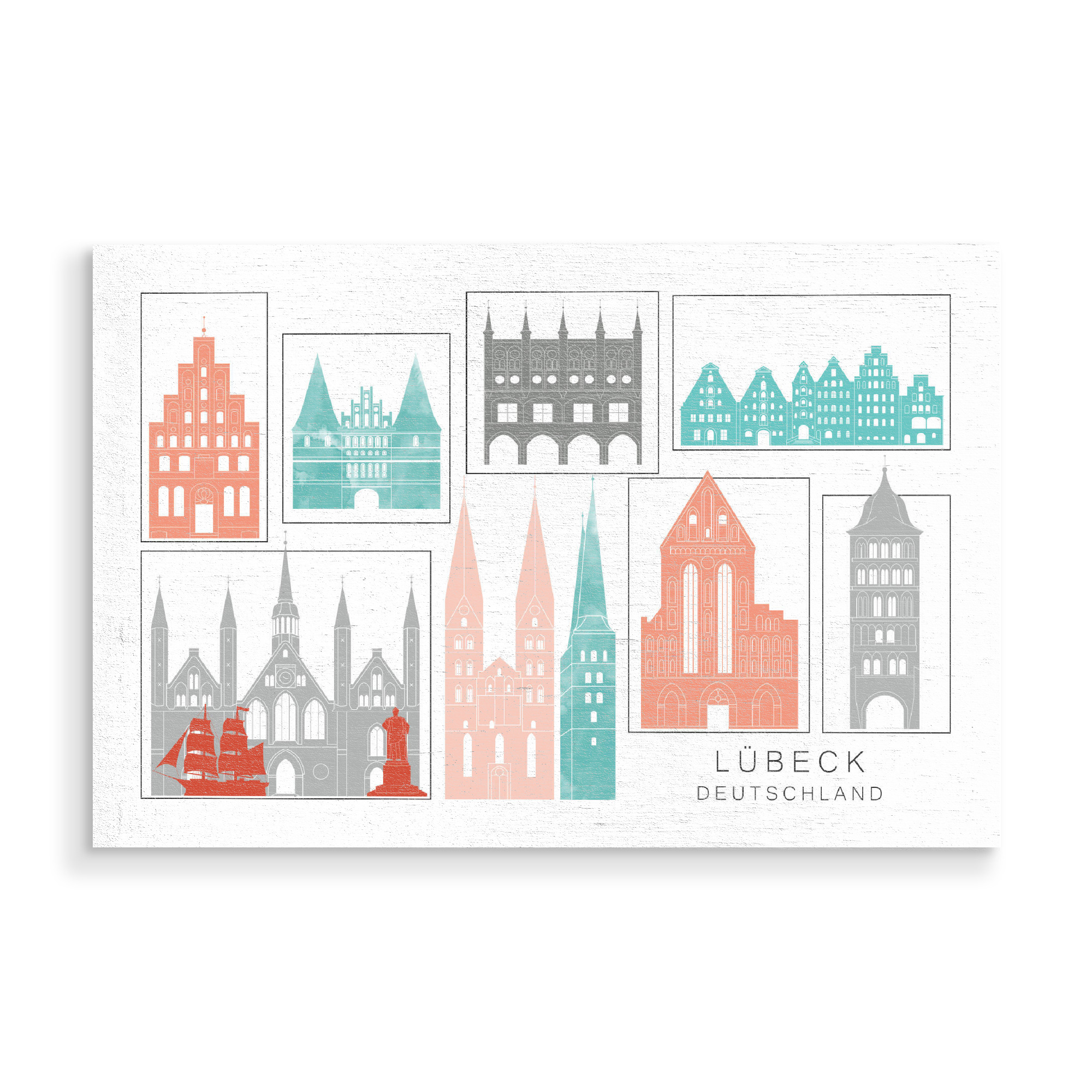 Holzbild "Lubeck skyline coral" artboxONE - Städte,Reise,Architektur