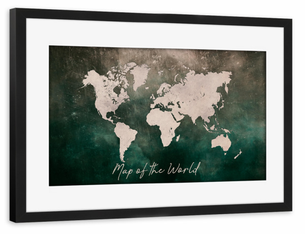 Poster mit Rahmen schwarz "World map grey green" artboxONE - Reise,Kartografie