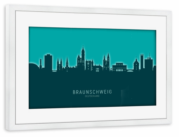 Poster mit Rahmen weiß "Braunschweig Skyline Glow Teal" artboxONE - Städte