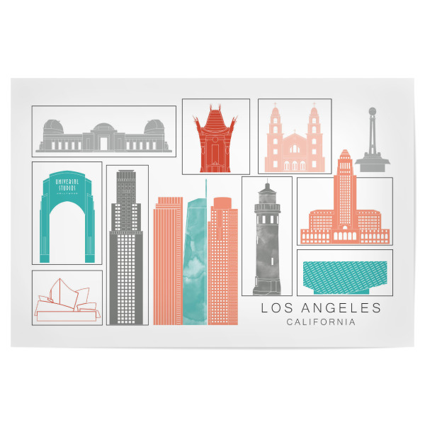 Poster "Los Angeles skyline coral" artboxONE - Städte,Reise,Architektur,Städte / Los Angeles,Kartografie
