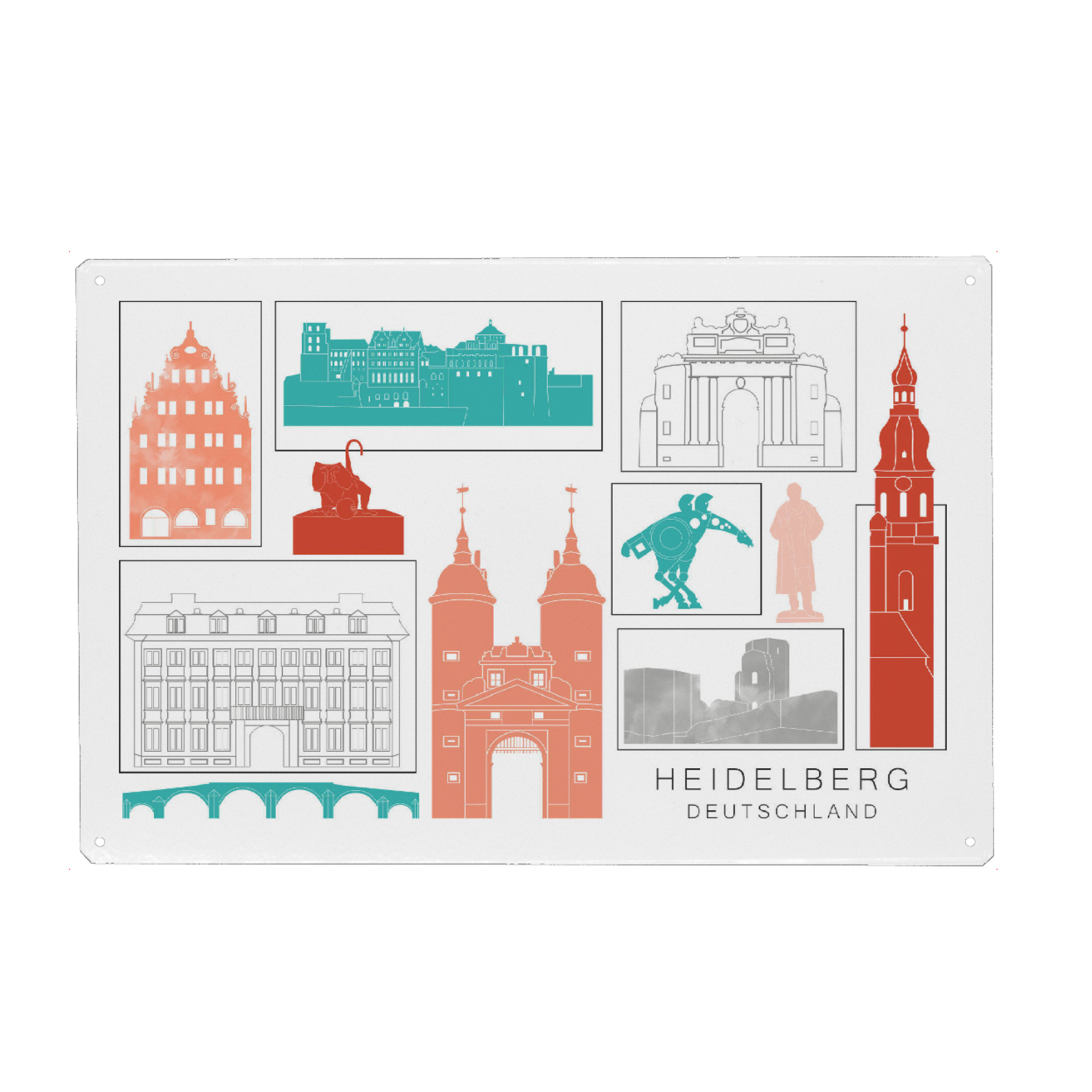 Holzbild "Heidelberg skyline coral" artboxONE - Städte,Reise,Architektur,Kartografie