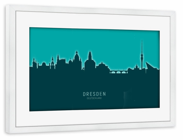 Poster mit Rahmen weiß "Dresden Germany Skyline Glow Teal" artboxONE - Städte,Städte / Dresden