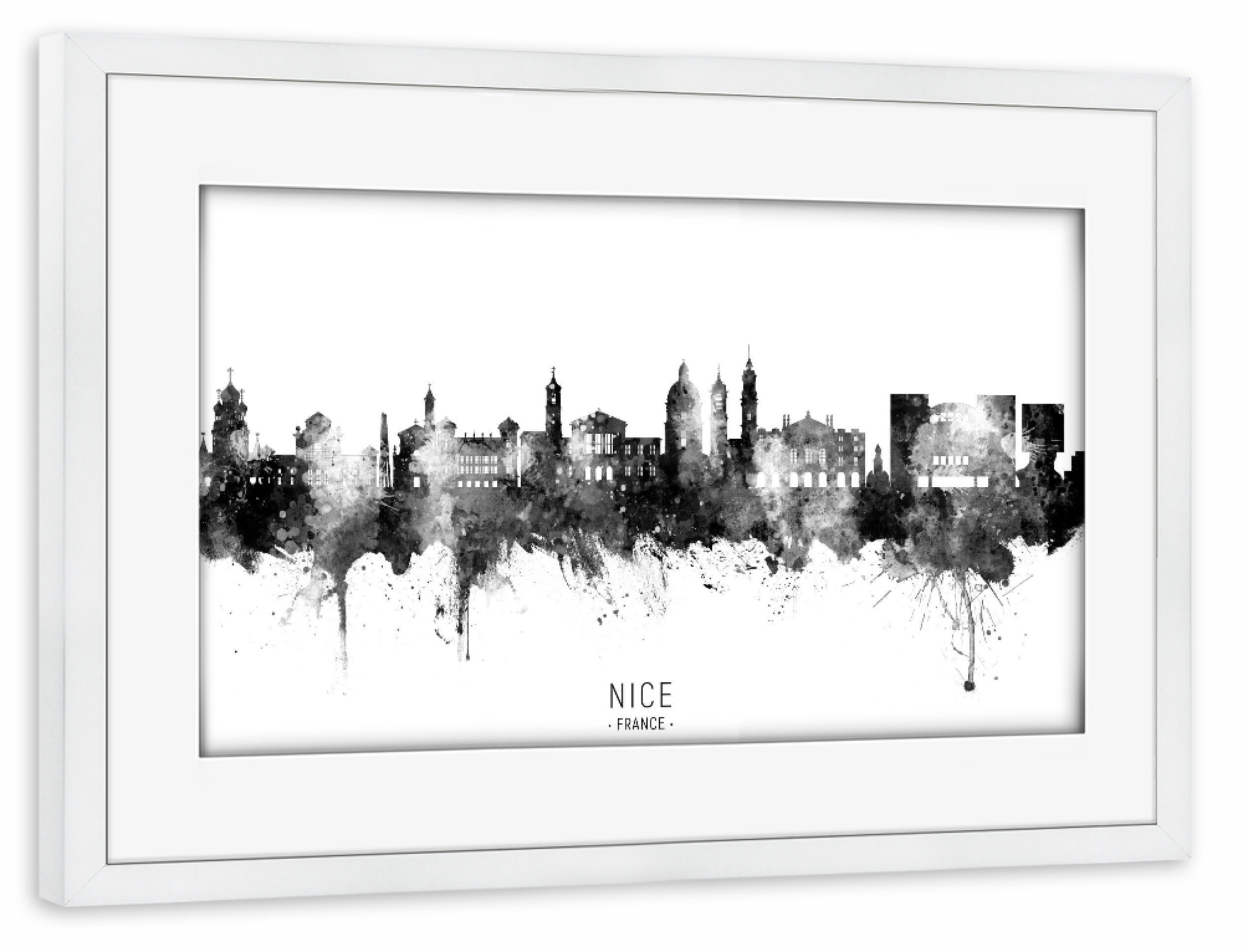 Poster mit Rahmen weiß "Nice France Skyline BW Text" artboxONE - Städte