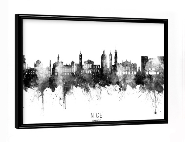 Poster mit schwarzem Rahmen "Nice France Skyline BW Text" artboxONE - Städte